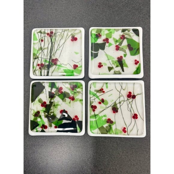 Fused Glass Coasters Red Green Black White Handmade Set of 4 & Holder Art Deco - Picture 1 of 9